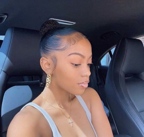 Lori Harvey Sleek Bun, Slick Bun Black Women, Slick Back On Short Hair, Slickback Ponytail Natural Hair, Low Bun With Edges, 4c Slick Back Ponytail, Natural Hair Slick Back Bun, Side Part Bun Sleek Natural Hair, No Part Slick Back Bun