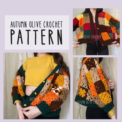 Autumn Cardigan Crochet, Crochet Block Cardigan, Autumn Crochet Cardigan, Patchwork Cardigan Crochet Pattern, Granny Square Cardigan Pattern Free, Crochet Patchwork Sweater, Free Crochet Jacket Patterns, Wearable Crochet, Autumn Olive