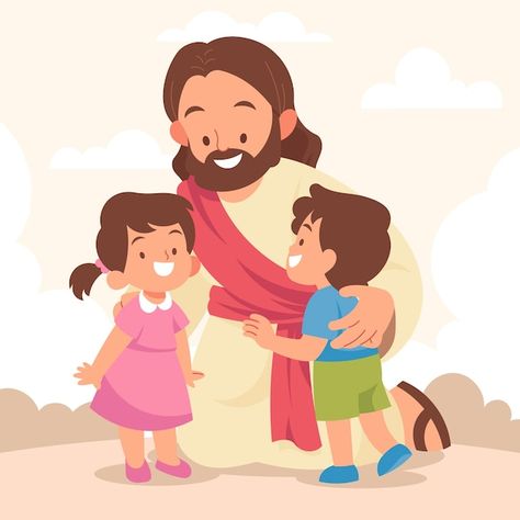 Jesus With Kids, Jesus With Children, Jesus Kids, Jesus Christ Illustration, Christian Cartoons, Jesus Cartoon, Jesus Design, Children Praying, Jesus Teachings