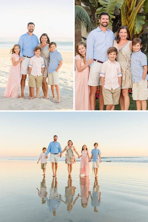 Beach Photoshoot Family Colors, Beach Shoot Outfit Ideas, Outfit Colors For Beach Pictures, Family Of 4 Beach Photo Ideas, Summer Beach Pictures Family, Beach Outfit Family Pictures, Professional Family Beach Pictures, Beach Pictures Family Poses, Beach Session Outfits