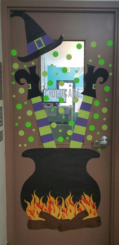 Spooky Halloween Classroom Doors, Cauldron Bulletin Boards, Witch Halloween Door, Halloween Door Decorations Witch, Halloween Door Decorations For Classroom, Halloween Column Decor, Classroom Halloween Door Decorations, Halloween Teacher Door, Halloween Classroom Door Contest