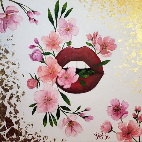 Gold leaves painting technique with red lips and flowers Gold Leaves Painting, Lips And Flowers, Flower Lips, Lips Painting, Leaves Painting, Clothing Alterations, Gold Leaves, Red Lips, Painting Techniques