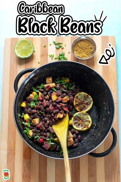 Looking for a fun way to enjoy black beans?  This Caribbean black beans recipe sounds exotic, but it's made with traditional ingredients and a cooking time of 10 minutes.  Its bright flavors make it perfect for summer picnics and an excellent side dish. Jamaican Black Beans, Caribbean Black Beans, Black Beans Recipe, Black Bean Stew, Black Bean Recipes, Mini Sweet Peppers, Pigeon Peas, Summer Picnics, Red Kidney Bean