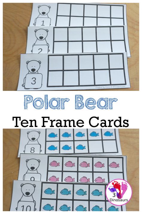 Free Polar Bear Themed Ten Frame Cards with numbers from 1 to 10 with two types of cards - 3Dinosaurs.com #tenframecards #numbersforkdis #counting #handsonlearning #numbercounting #freeprintable #3dinosaurs #polarbearsforkids Polar Bears Preschool, Polar Animals Preschool, Polar Activities, Polar Bears Activities, Polar Bear Theme, Math Activities For Toddlers, Bear Activities, Numbers From 1 To 10, Bears Preschool