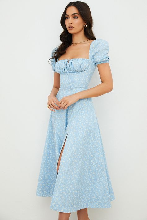 Clothing : Midi Dresses : 'Tallulah' Blue Ivory Floral Puff Sleeve Midi Dress Women's Summer Dresses, Blue Floral Midi Dress, Boho Midi Dress, Maxi Sundress, Bodycon Floral Dress, Trendy Clothing, Puffy Sleeves, Crop Top Blouse, Sun Dress