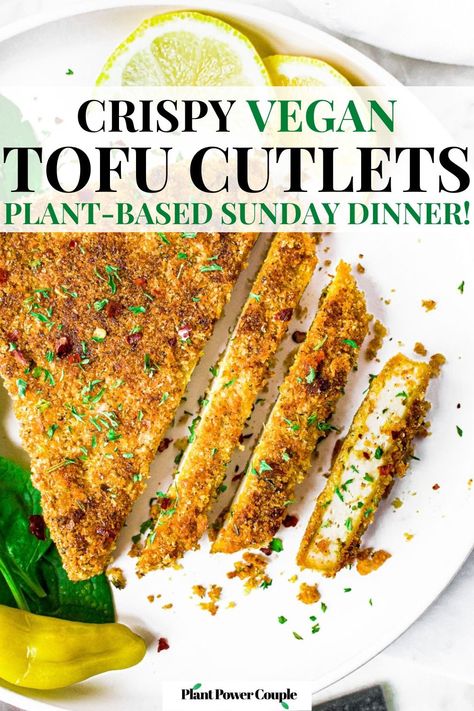 Overhead shot of a partially sliced breaded tofu cutlet on a plate with fresh spinach leaves and lemon wedges. Cutlet is sprinkled with fresh herbs and crushed red pepper flakes. Text reads: crispy vegan tofu cutlets, plant-based Sunday dinner! Frozen Tofu, Tofu Cutlets, Plant Based Chicken, Firm Tofu Recipes, Breaded Tofu, Tofu Chicken, Breaded Chicken Cutlets, Tofu Recipes Vegan, Vegetarian Chicken