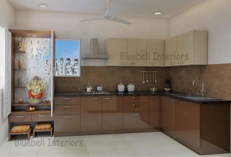 Pooja Room Ideas Indian Small In Kitchen, Kitchen With Temple Design, Pooja Unit In Kitchen Ideas, Kitchen With Mandir Design, Kitchen With Pooja Room, Kitchen With Pooja Unit, Kitchen With Pooja Room Design, Mandir In Kitchen, Pooja Room In Kitchen