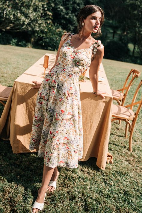 Impressionist Floral Sweetheart Tie Shoulder Midi Dress Float Floral Dress, Bra Friendly Wedding Guest Dress, Summer Floral Print Bridesmaid Midi Dress, Cottagecore Floral Midi Dress For Brunch, Cottagecore Floral Print Midi Dress, Mid-length Floral Print Dress For Garden Party, Floral Wedding Guest Dress, Floral Midi Dress Outfit, Vintage Floral Print A-line Dress For Garden Party