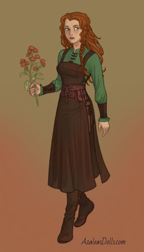 Fantasy Gardener Outfit, Fantasy Servant Outfit, Hobbit Character Design, Herbalist Outfit, Medival Characters, Medieval Clothing Drawing, Peasant Character Design, Medival Outfits Woman, Medieval Outfit Women