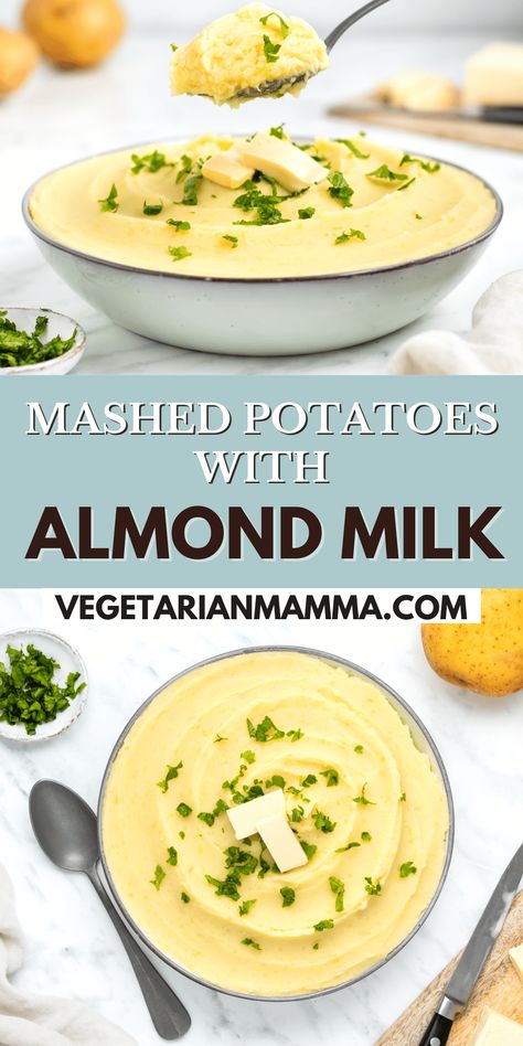 These Mashed Potatoes with Almond Milk are rich, creamy and flavorful! These comforting vegan mashed potatoes are foolproof!  | vegan mashed potato recipe | dairy free mashed potatoes Mashed Potatoes Dairy Free, Vegan Mashed Potatoes Recipe, Silk Almond Milk, Dairy Free Mashed Potatoes, Mashed Potato Recipe, Crockpot Mashed Potatoes, Vegan Crockpot, Vegan Mashed Potatoes, Parsley Potatoes