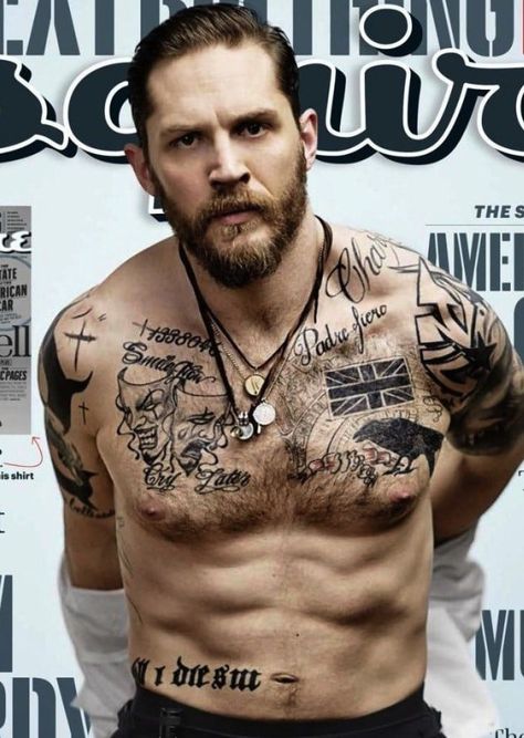 Tom Hardy Proves His Body Was Molded By The Gods On The New Cover Of Celebrity Tattoos Male, Tom Hardy Tattoos, Esquire Magazine Cover, Tattoo Sternum, Tom Hardy Variations, Laugh Now Cry Later, Saved Tattoo, Esquire Magazine, Cool Tattoos For Guys