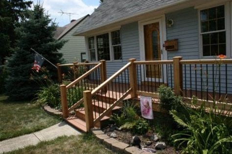 Uncovered Front Deck, Front Porch Uncovered, No Roof Front Porch Ideas, Front Of House Deck Ideas, Small Front Porch Renovation Ideas, Uncovered Front Patio Ideas, Uncovered Front Patio, Front Porch Without Roof, Front Deck Ideas Entrance