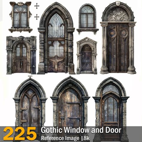 Gothic Window and Door | Reference Images | 8k,  on ArtStation at https://www.artstation.com/artwork/vDNR3D Medieval Window, Gothic Door, Medieval Door, Glass Door Design, Castle Doors, Gothic Windows, Rural House, House Window, Medieval Houses