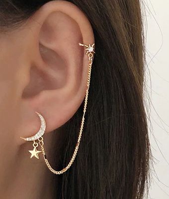 MaterialAlloyRhinestone Long Ear Piercings, Sun And Moon Ear Piercing, Moon Piercing Ears, Helix Chain Earrings, Simple Ear Piercings, Aesthetic Ear Piercings, Helix Ear Piercings, Chained Earrings, Helix Piercing Ring