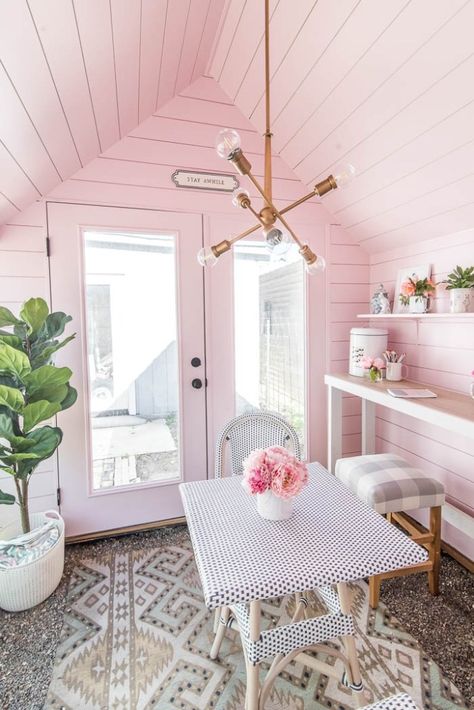 Modern She Shed Interior, 8x10 She Shed Interior, Hangout Room Ideas Woman Cave, Pink Shiplap, Pink Shed, Shed Conversion Ideas, Shed Decorating Ideas, Shed Interior Ideas, She Shed Interior Ideas