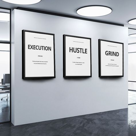 EXECUTION, HUSTLE, GRIND: The perfect addition to your office, bedroom, or gym. Own this definition wall art canvas today! Choose in black or white versions. | https://www.distraktart.com/product/grind-hustle-execution-definition-bundle-set/ #Kitchens #Outdoor #for #Own #Mini #HomeDecorating #Creating #Home #Garden #Your #Gym #Spaces #Compact #Workout #Ideas Grind Hustle Execution, Trading Office Ideas, Gym Wall Design, Office Revamp, Mini Home Gym, Bedroom Area Rugs, Home Gym Ideas, Office Design Trends, Gym Wall Art