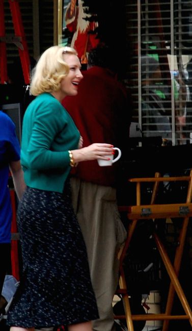 Cate Blanchett on the set of "Carol" The Price Of Salt, Carol Aird, Carol Movie, Cate Blanchett Carol, Hamilton Ohio, Todd Haynes, Catherine Élise Blanchett, Rooney Mara, Classic Cardigan