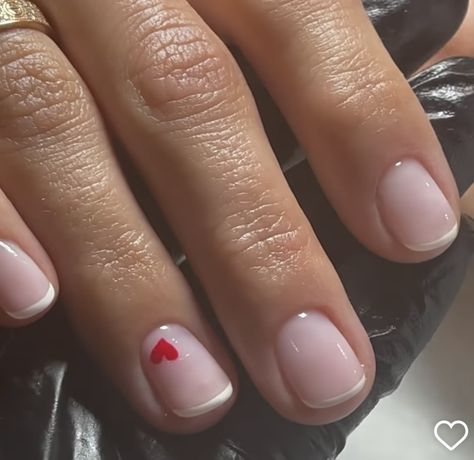 Short Natural Nails Gel Polish, Pink Heart Gel Nails, Basic Valentines Day Nails Short, Updated French Manicure, French Manicure With Hearts, Short Gel Nail Designs Natural Simple, Nail Polish Inspo Short Nails, Valentines French Manicure, Small Heart Nails