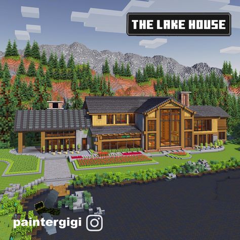 Lake House In Minecraft, Minecraft Big Modern House, Minecraft Houses For Couples, Minecraft Lake House Tutorial, Minecraft Lake House Ideas, Minecraft Lake Builds, Minecraft Mansion Blueprints, Minecraft Lodge, Minecraft Big House Ideas