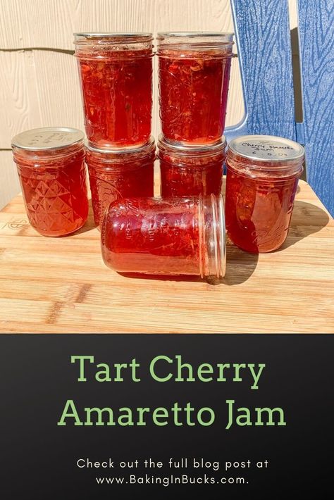 Tart Cherries are paired with the sweetness of Amaretto and made into a tangy-sweet Jam.    Cherry Jam Amaretto Jam Canning season Tart Cherries Recipes, Cherry Amaretto, Jam Canning, Can Jam, Cherry Preserves, Tart Cherries, Jam Recipes Homemade, Jam Tarts, Canning Jam