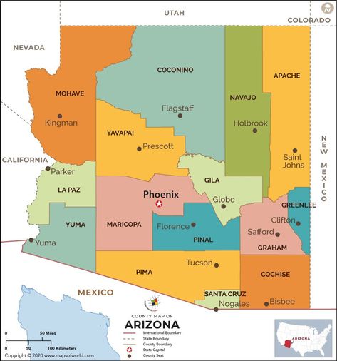 Arizona, the 48th state of the United States, is situated in the Southwest United States. The biggest city and capital of Arizona is Phoenix. Tucson is the second biggest city in the state. Counties of Arizona: The state of Arizona is divided into administrative divisions named as counties. Till 1983, the state housed 15 counties, varying in area from 18,661 square miles (48,330 km2) to 1,238 square miles (3,210 km2). Map Of Arizona, Prescott Valley Arizona, Buckeye Arizona, Arizona Map, Yuma Arizona, State Of Arizona, County Map, Map Globe, Tucson Arizona