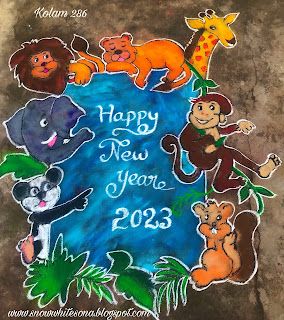 sangeetha senthil: New year rangoli Cartoon Rangoli For New Year, New Year Big Rangoli, New Year Designs Rangoli, New Year Rangoli Design Cartoon, New Year Rangoli Latest, Rangoli Cartoon, Cartoon Rangoli Designs Easy, Rangoli Design For New Year, Christmas Kolam