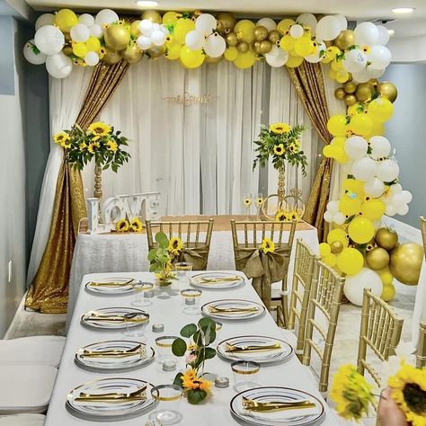 Bask in the glow of this intimate sunflower-themed wedding reception setup by @tobarody. The blooms of yellow make this celebration of love as beautiful and bright as the sun. 💛🌻 Thank you for sharing your creation!⁠ ⁠⁠⁠✨⁠ ⁠ Use #cvlinens or tag us in your event posts for a chance to be featured!⁠ #weddingideas #weddingplanner #wedding #eventdecor #weddingflorals #weddingreception #receptiondecor #WeddingInspo #sunflowerwedding #weddingflorals #weddingdraping #weddingbackdrop #balloonartist... Wedding Reception Setup, Wedding Draping, Sunflower Themed Wedding, Simple Wedding Decorations, Wedding Decorations On A Budget, 30 Birthday, Special Events Decor, Wedding Event Decor, Fall Wedding Decorations