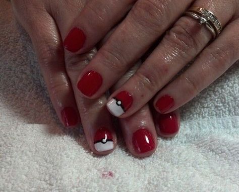 Pokémon Pokéball Nail Art Nails by @yeno90 Simple Pokemon Nails, Pokeball Nails, Eevee Nails, Pokemon Nails Designs, Pokemon Nail Art, Silly Nails, Pokemon Nails, Scene Fashion, Short Acrylic Nails Designs