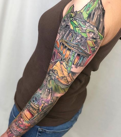 7 Wonders of the World tattoo sleeve done by @robbie_campbell_tattoos History Sleeve Tattoo, 7 Wonders Tattoo, 7 Wonders Of The World Tattoo, Story Sleeve Tattoo, World Tattoo Sleeve, Wonders Of The World Tattoo, Norman Duenas, The World Tattoo, 7 World Wonders