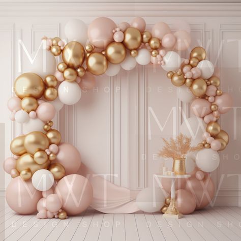 Pink And Gold Balloon Arch Backdrop, Balloon Arch Backdrop Wedding, Pink White Gold Balloon Garland, Birthday Design Decoration, Blush Balloon Arch, Pink And Gold Balloon Garland, Balloon Circle Arch, Arch Balloon Backdrop, Photos Backdrop