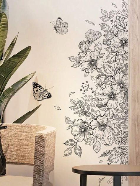 1pc Flower & Butterfly Pattern Wall Sticker, Modern Line Flower Pattern PVC Wall Decal For Home Decoration | SHEIN USA Cricut Wall Decals, Geometric Decals, Modern Wall Stickers, Office Mural, Wall Murals Diy, Wall Art Diy Paint, Floral Doodle, Wall Murals Painted, Wall Decor Decals