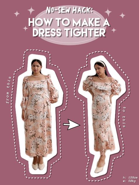 Easy Hack to Tighten Your Dress Without Sewing 🪡  | Video diterbitkan oleh QILAQLA | Lemon8 Dress Without Sewing, Hack Dress, Dress Tight, I Promise You, Too Long, Simple Tricks, Strap Dress, I Promise, Dress Making