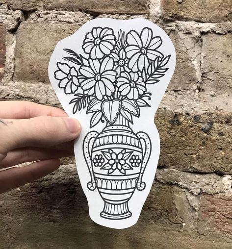 Sam King on Instagram: “🤍 lil vasey vase 🤍” Traditional Flower Vase Tattoo, Vase Traditional Tattoo, Traditional Tattoo Vase, Flower Vase Tattoo, Portfolio Drawings, Tufting Art, Vase Tattoo, Floral Arm Tattoo, Tat Inspiration