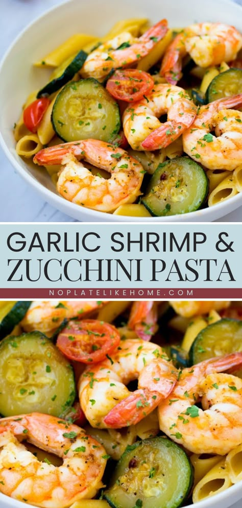 You're just 20 minutes away from this easy pasta dish! It's an amazing family dinner idea. Cooked in garlic with shrimp and tomatoes, this zucchini pasta recipe is healthy, tasty, and filling! Shrimp Zucchini And Squash Recipes, Dinners With Zucchini And Squash, Tomato Zucchini Shrimp Pasta, Zucchini And Shrimp Pasta, Shrimp And Zucchini Recipes Healthy, Shrimp Pasta And Veggies, Shrimp Pasta With Zucchini, Shrimp Zucchini Pasta Recipes, Zucchini Shrimp Recipes