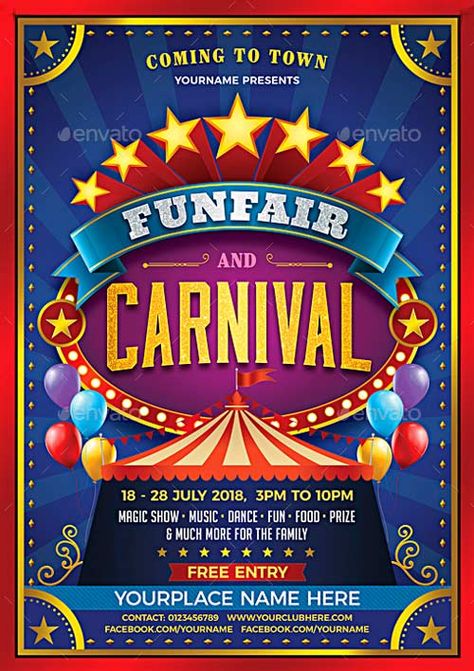 Funfair & Carnival Flyer Funfair Flyer Design, Carnival Banner Design, Carnival Theme Poster, Carnival Pubmat, Carnival Poster Design Graphics, Carnival Graphic Design, Carnival Poster Design, Carnaval Design, Carnival Invitation Template