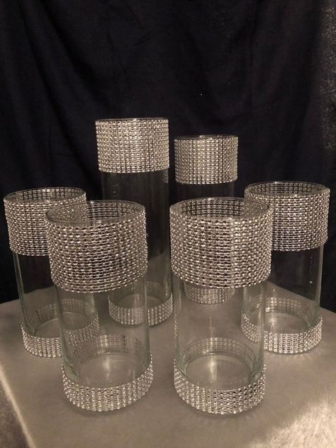 Dollar Store Wedding Ideas, Wedding Centerpieces Cylinder Vases, Dollar Store Wedding, Diamonds And Denim Party, Bling Centerpiece, Dollar Tree Candle Holders, Anniversary Centerpieces, Euphoria Party, Engagement Party Decor