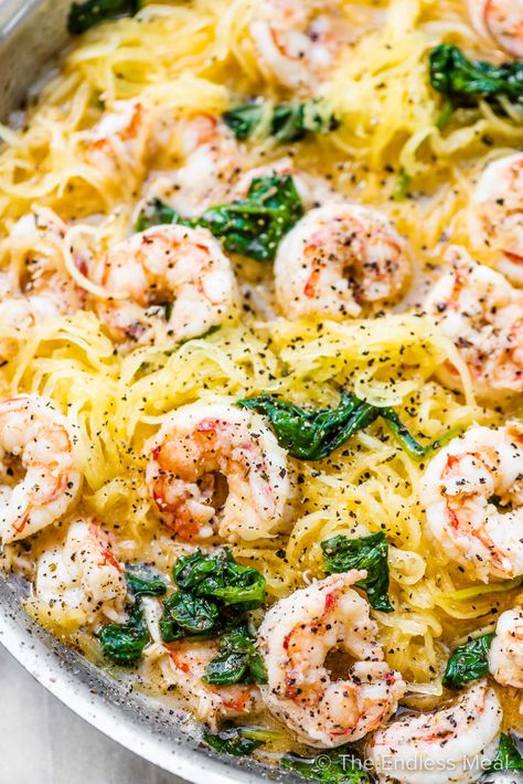 Dairy Free Spaghetti Squash Recipes, Shrimp Spaghetti Squash, Spaghetti Squash Shrimp Scampi, Spaghetti Squash Shrimp, Healthy Squash Recipes, Spaghetti Squash Recipes Healthy, Spaghetti Squash Recipes Easy, Shrimp Spaghetti, Lemon Shrimp