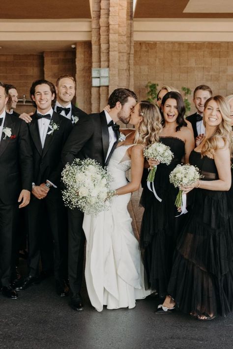 Take a peek at this beautiful white and green black tie wedding. The bride asked us for elegant, classic wedding with lots of baby's breath. We took her white, green, and black color scheme and gave her the dreamiest wedding!!! Love this. Green Black And White Wedding Bridesmaid Dresses, White Green Tan Bouquet, Black Tie Wedding Flowers Bridesmaid Bouquets, Luxe Black And White Wedding, Blake And White Wedding, Black And White Wedding Bridesmaid Dress, Black Tie Theme Wedding, Spring Black And White Wedding, Romantic Black Tie Wedding