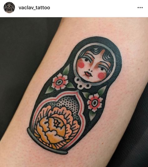 Matryoshka Tattoo Traditional, American Traditional Nesting Doll Tattoo, Babooshka Tattoo, American Traditional Russian Doll Tattoo, Traditional Nesting Doll Tattoo, Russian Stacking Doll Tattoo, Russian Doll Tattoo Traditional, Russian Nesting Doll Tattoo, Babushka Tattoo