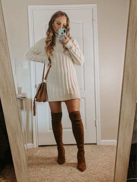 Tan Dress With Boots, Sweater Dress With High Boots, Fall Dress With Tights And Boots, Fall Dress With Knee High Boots, Sweater Dress Knee High Boots, Taupe Boots Outfit Knee Highs, Thigh High Brown Boots Outfit, Brown Boots With Dress, Brown Autumn Outfit