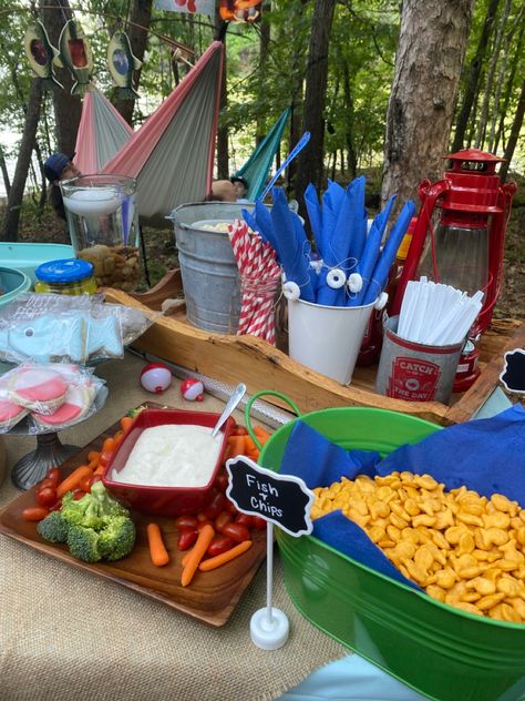 Birthday party ideas for the lake Fishing Themed Party, Fishing Theme Party, Lake Birthday, Birthday Fishing, Lake Party, Fishing Birthday, Lake Fishing, Fishing Theme, Fish And Chips