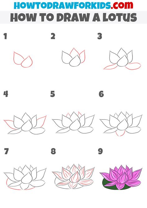 how to draw a lotus step by step Easy Step By Step Flower Drawing, How To Draw Lotus Step By Step, How To Draw Lotus, How To Draw A Lotus Flower, How To Draw Lotus Flower, Lotus Drawing Simple, Flower Tutorial Drawing, Lotus Doodle, Lotus Flower Tutorial