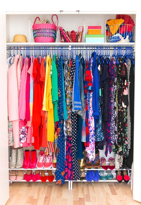 An Affordable Small Closet Makeover - The Crafted Life Color Coded Closet, Scandinavian Cottage Style, Color Coordinated Closet, Small Closet Makeover, Nyc Closet, Closet Hacks, Rainbow Order, Walk In Robe, Small Closets