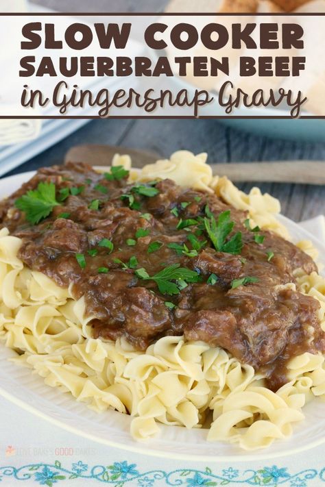 You don’t have to wait for days to enjoy this Slow Cooker Sauerbraten Beef in Gingersnap Gravy. This mouth-watering old-world dish is tender and absolutely delicious served over spaetzle or noodles! Sauerbraten Recipe, Noodles Dinner, Oktoberfest Food, Ginger Snap, Crock Pot Slow Cooker, Bacon Recipes, Beef Dishes, To Wait, Cooking Dinner