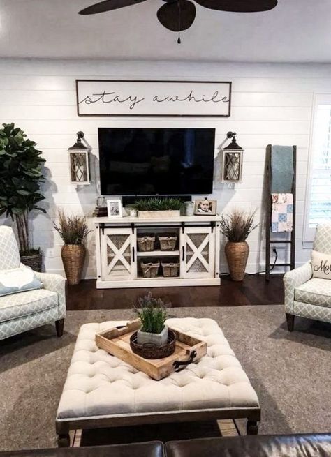 Walls Ideas, Farmhouse Living Room Decor Ideas, Decorating Walls, Living Room Designs Small Spaces, Living Room Decor Curtains, Design Salon, Farmhouse Living Room, Living Room Tv Stand, Ideas Living Room