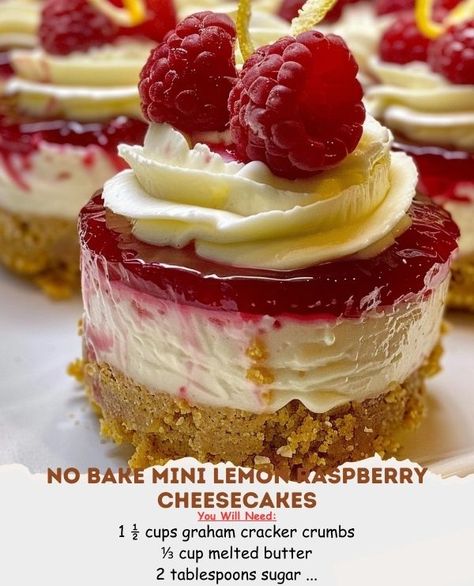 Mini Lemon Raspberry Cheesecakes, Lemon Raspberry Cheesecake No Bake, No Bake Raspberry Cheesecake Bites, Raspberry Cheesecakes, Raspberry Cheesecake Bites, Lemon Raspberry Cheesecake, Mini Lemon Cheesecakes, Raspberry No Bake Cheesecake, Food Inspired