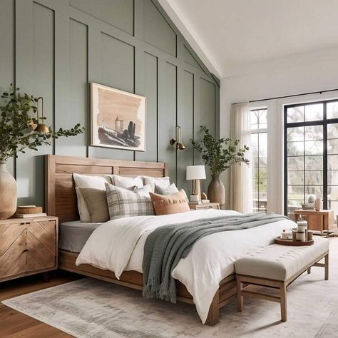 Wood Furniture Bedroom Decor, Green And Wood Bedroom, Inn Ideas, First Time Homebuyer, Nyc Bedroom, Walnut Bedroom, Guest Room Ideas, Wooden Bedroom, Master Room