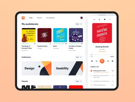 Audiobooks iPad App by Patryk Ilnicki on Dribbble App Design Ipad, Music App Design, Website Layout Inspiration, Tablet Ui, Library App, Ux Kits, Web Ideas, App Design Layout, Sandwich Panel