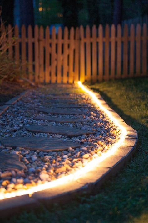 Brighten gardens and walkways using rope light as pathway lights! Great along stone walkways and a perfect #DIY idea for backyard lighting and weddings too! Outdoor Rope Lights, Garden Path Lighting, Landscape Tips, Lighting Landscape, Diy Outdoor Lighting, Backyard Lighting, Have Inspiration, Garden Path, Garden Edging