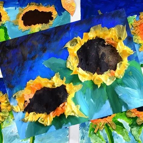 Laura Lohmann (@paintedpaperart) • Instagram photos and videos Pictures Of Sunflowers, Kindergarten Fall Art, Sunflower Art Project, Painted Paper Art, Kindergarten Drawing, Chickadee Art, September Art, Emil Nolde, First Grade Art